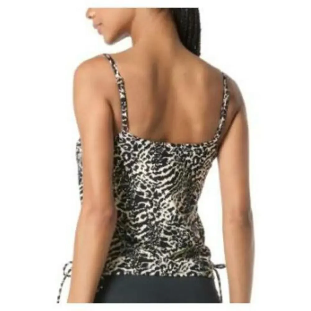 Michael Kors Women's Black/White Printed Side-Ruched Tankini Top S